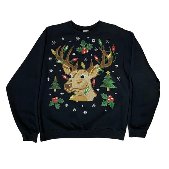 Jerzees Sweaters - Jerzees NuBlend Ugly Christmas Sweater Reindeer Faux Cross Stitch Sweatshirt Med